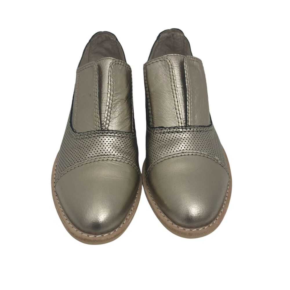 ALL BLACK Gold Metallic Leather Loafers 35.5 Perforated Slip-On Flats NEW Luxury